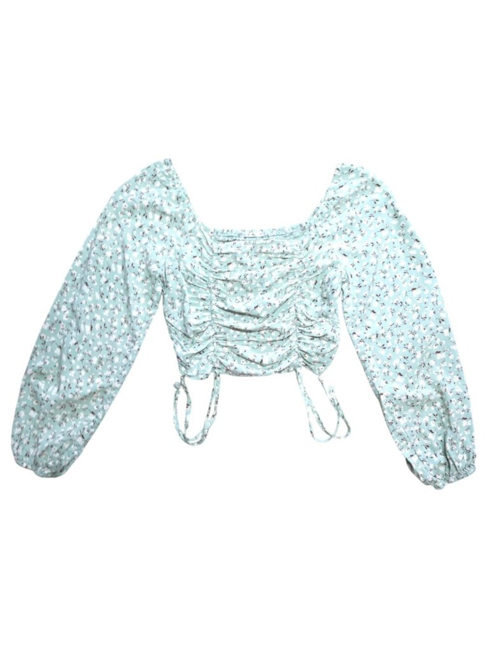 3+ MKT Floral Smocked Crop Top XS Long Sleeve Ruched Tie Front Green